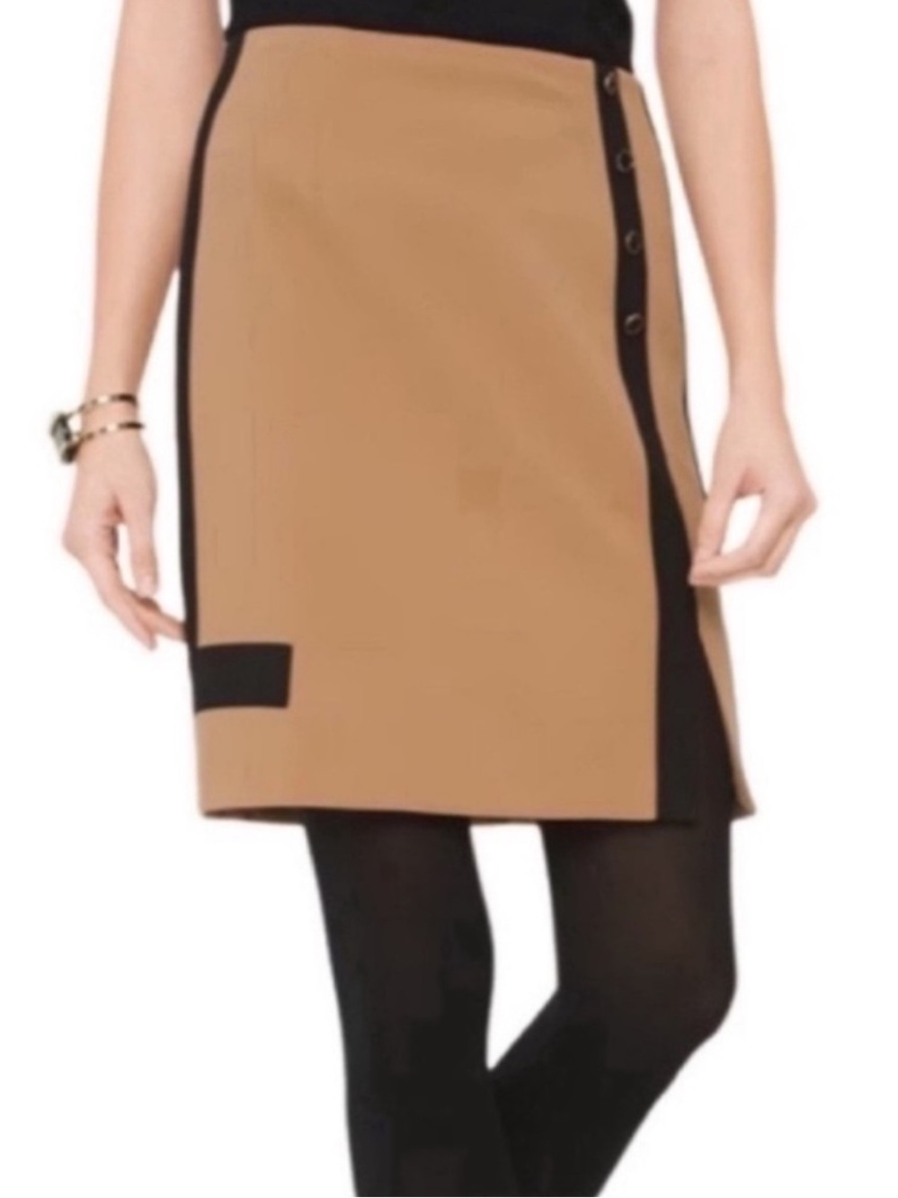 NEW WHBM Pencil Skirt Button Accents Sandalwood Tan Black Size 8
